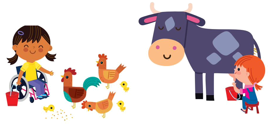 Illustration of children feeding chickens and milking a cow